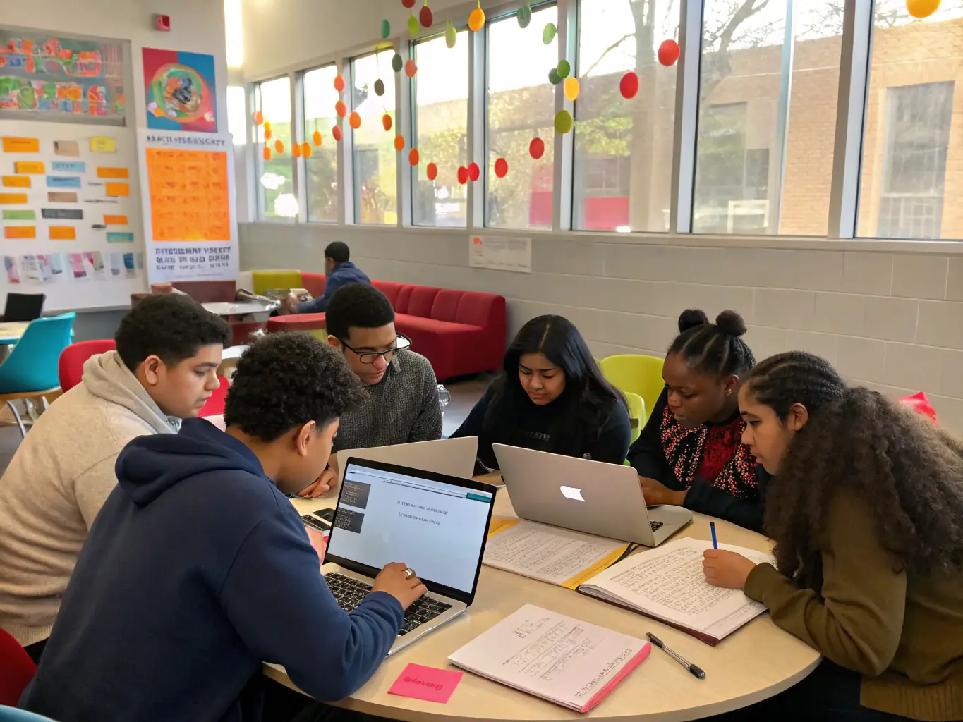 A diverse group of students collaborating on a database project, highlighting the collaborative learning environment and the practical application of SQL skills in a team setting. The image reflects the school's emphasis on real-world problem-solving.