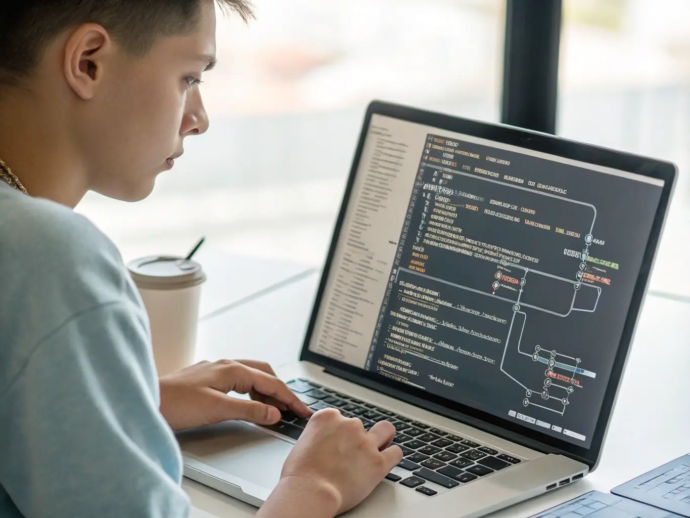 A focused student intently coding at a computer during an SQL training course, surrounded by other engaged learners in a modern classroom setting. The atmosphere is collaborative and supportive, reflecting the school's commitment to practical, hands-on learning.